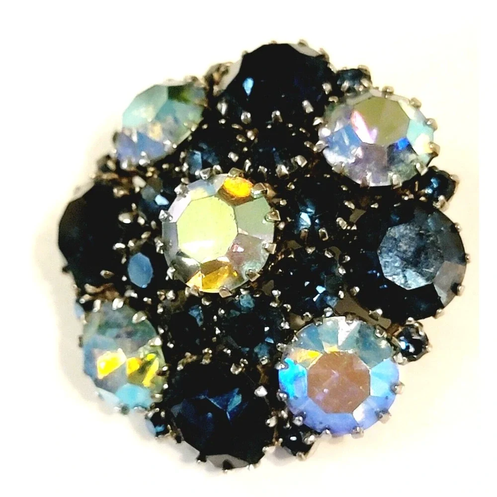 Vintage Blue Brooch Pin Unsigned Schreiner Rhinestone Domed Layered Mid-century